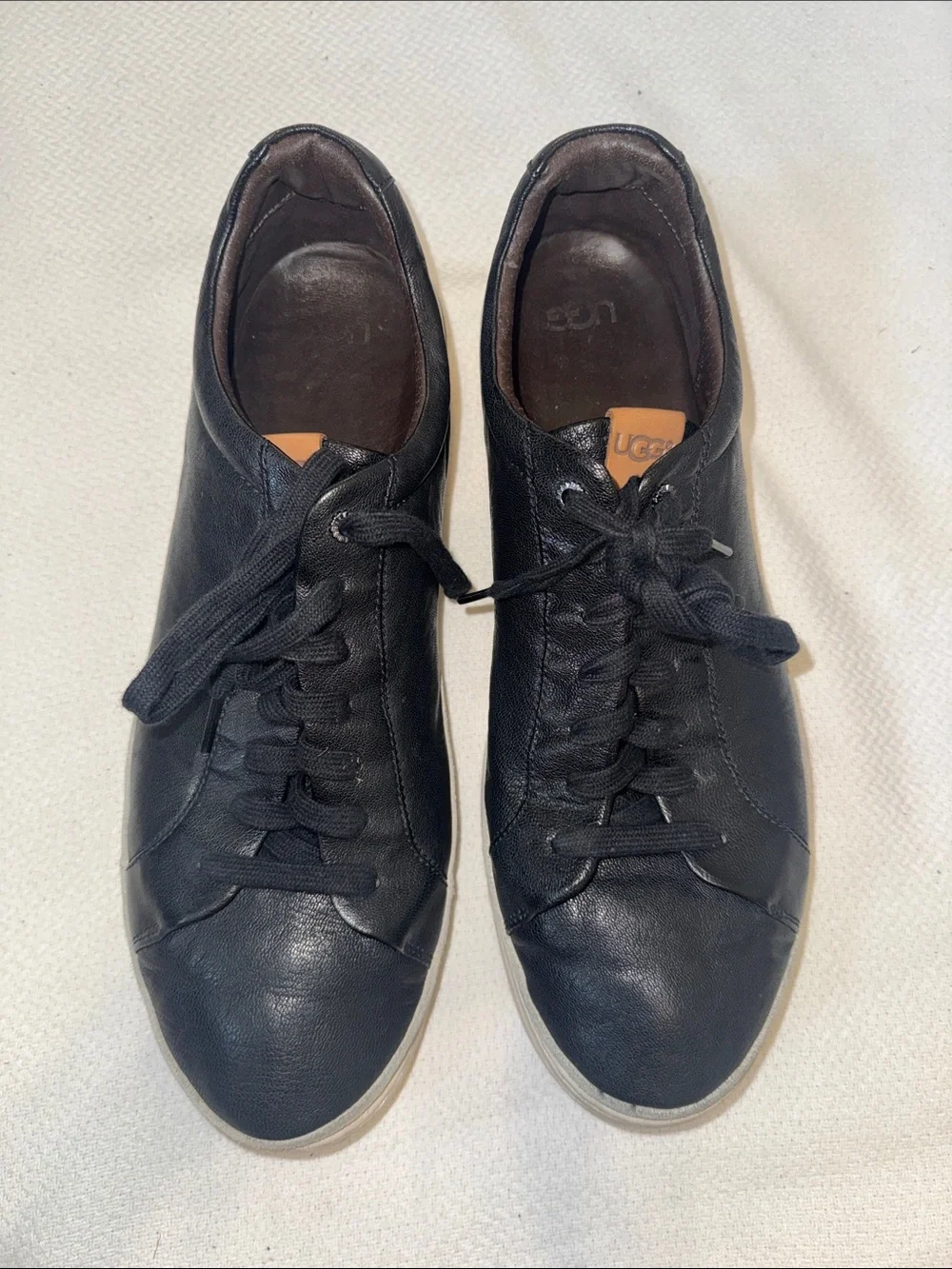 UGG Men's Black Leather Low-Top Sneakers with Tan Logo Tab Size 15